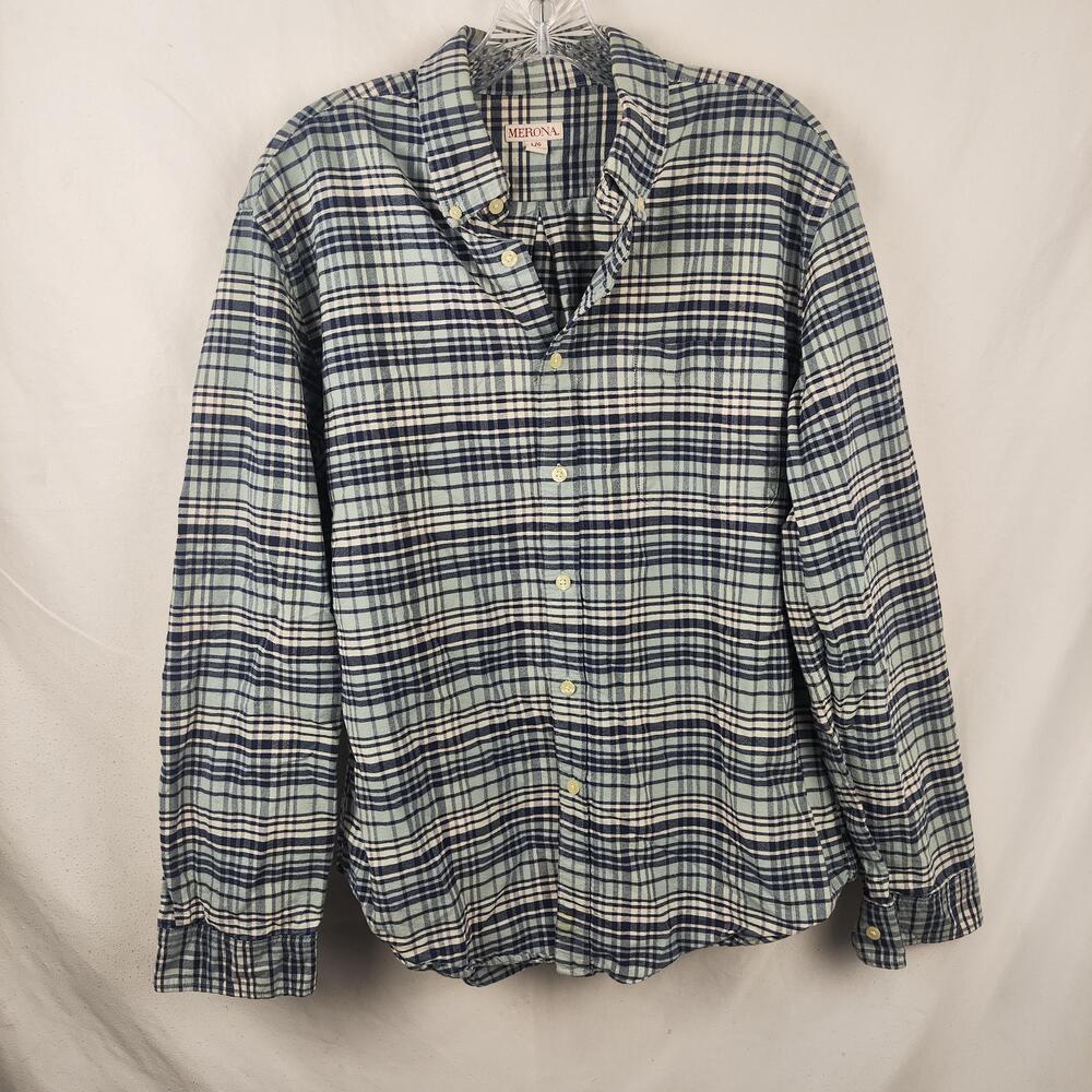 Merona Shirt Mens Large Green Blue Plaid Flannel Button Down Long Sleeve Casual